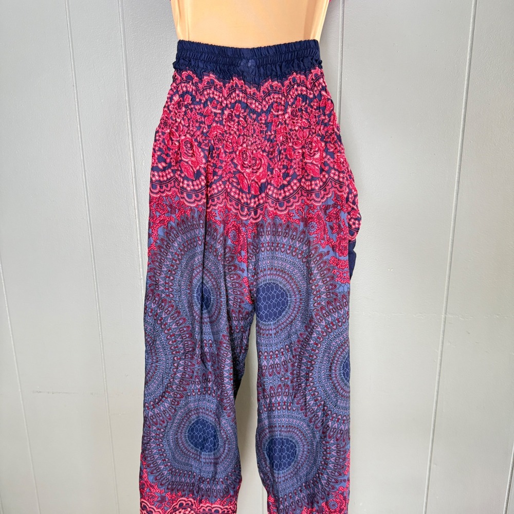 Vintage Gypsy Rose Boho Harem Balloon Pants Mandala Print Smocked Waist Festival